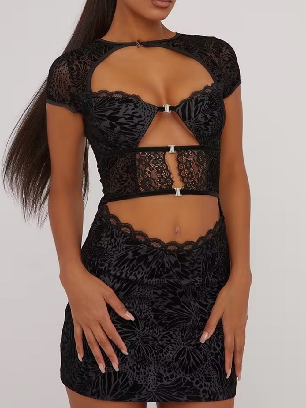 Sorelle UK Lace Cutout Velvet Mini Dress